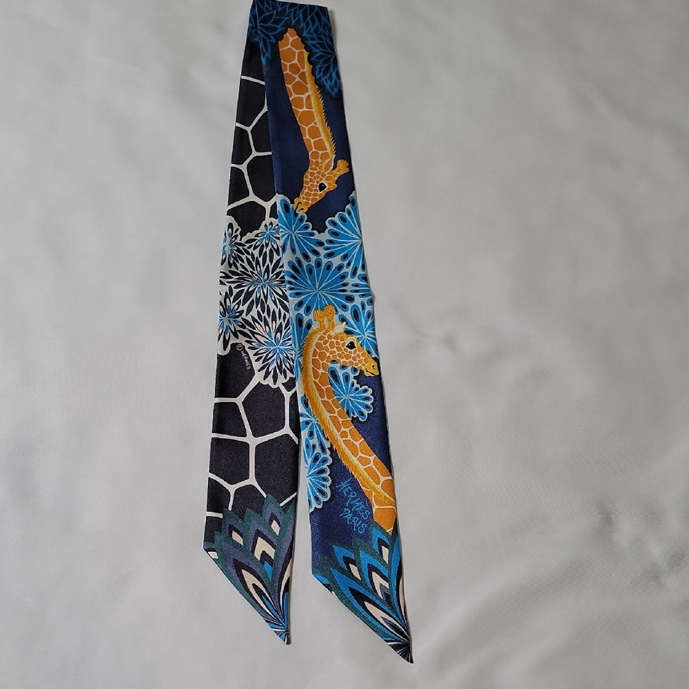 Hermes "The Three Graces" Silk Twilly Scarf In Blue And Black Colorway
